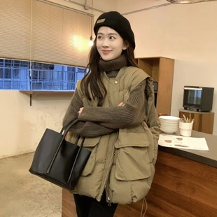 单排扣工装棉服马甲女秋冬2025新款韩版外搭圆领宽松无袖棉衣外套