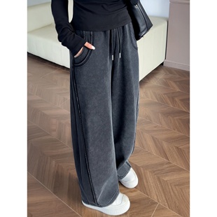 矮个子阔腿弯刀裤春秋季大码女装黑灰色遮肉宽松显瘦镰刀裤休闲裤