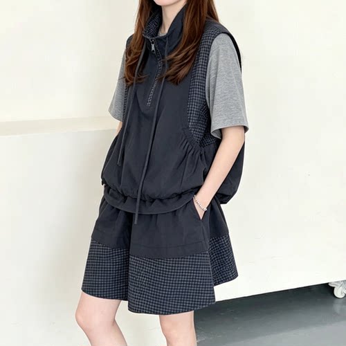 韩系夏季马甲阔腿短裙两件套显瘦