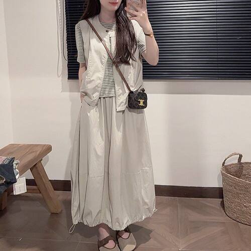 大码女夏季韩版T恤马甲裙三件套