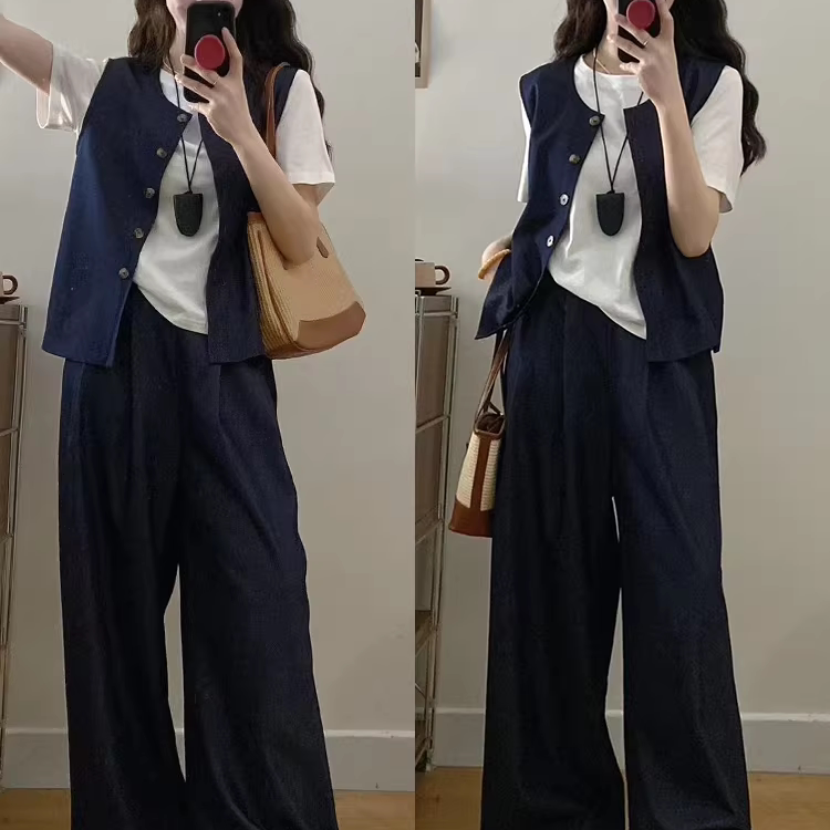 大码遮肉显瘦马甲T恤阔腿裤三件套装女夏季清爽好搭休闲通勤穿搭