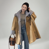 设计感风衣女早秋新款 爆款 韩版 秋冬季 格纹连帽中长款 百搭大衣外套