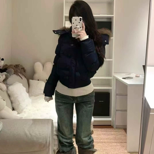 藏青色短款连帽羽绒棉服冬季2025新款小个子显瘦加厚保暖棉服外套