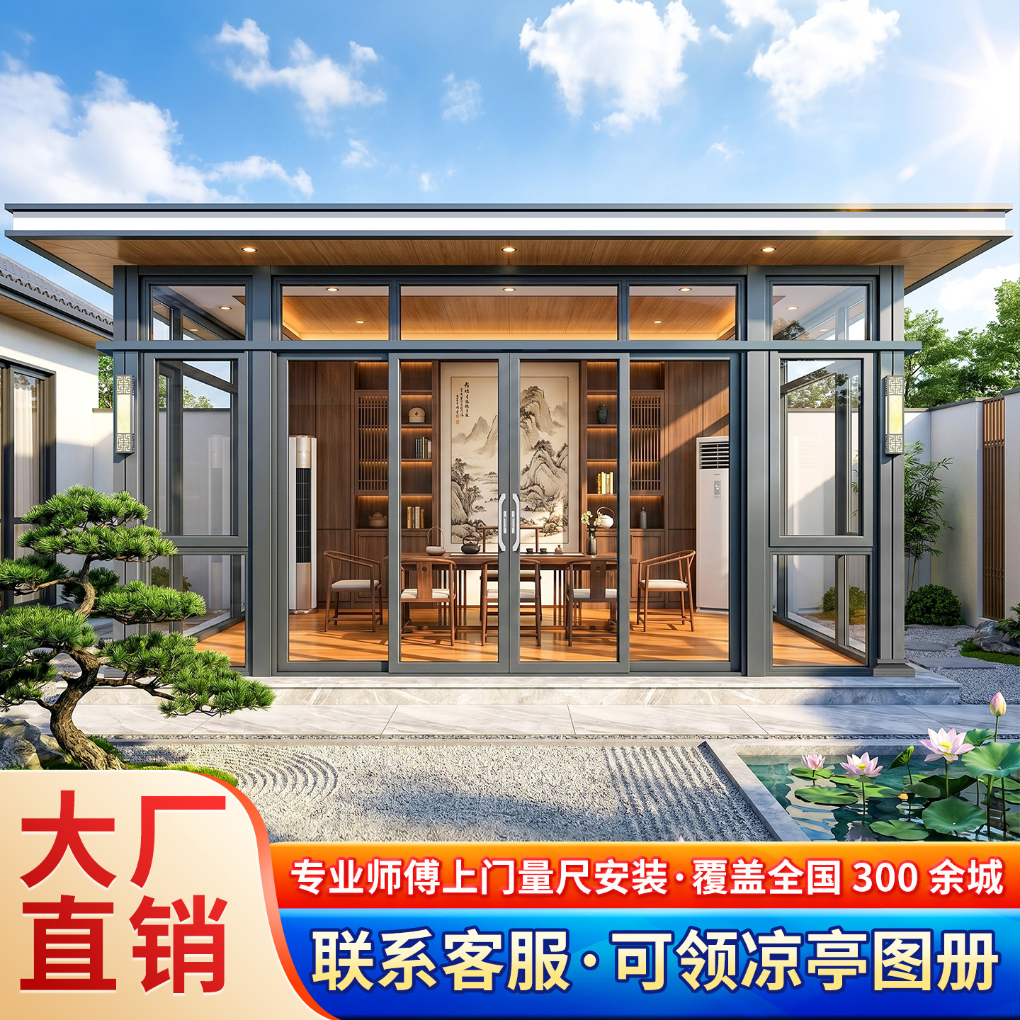 户外凉亭别墅庭院阳光房定制铝合金茶室玻璃房亭子露台中式阳光房