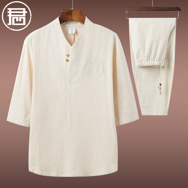 纯棉国风男装短袖套装夏季居士中式汉服佛系禅服练功道服太极服夏