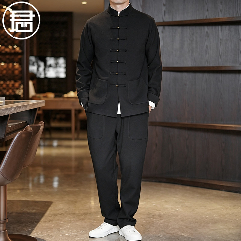 新款男士唐装外套长袖套装