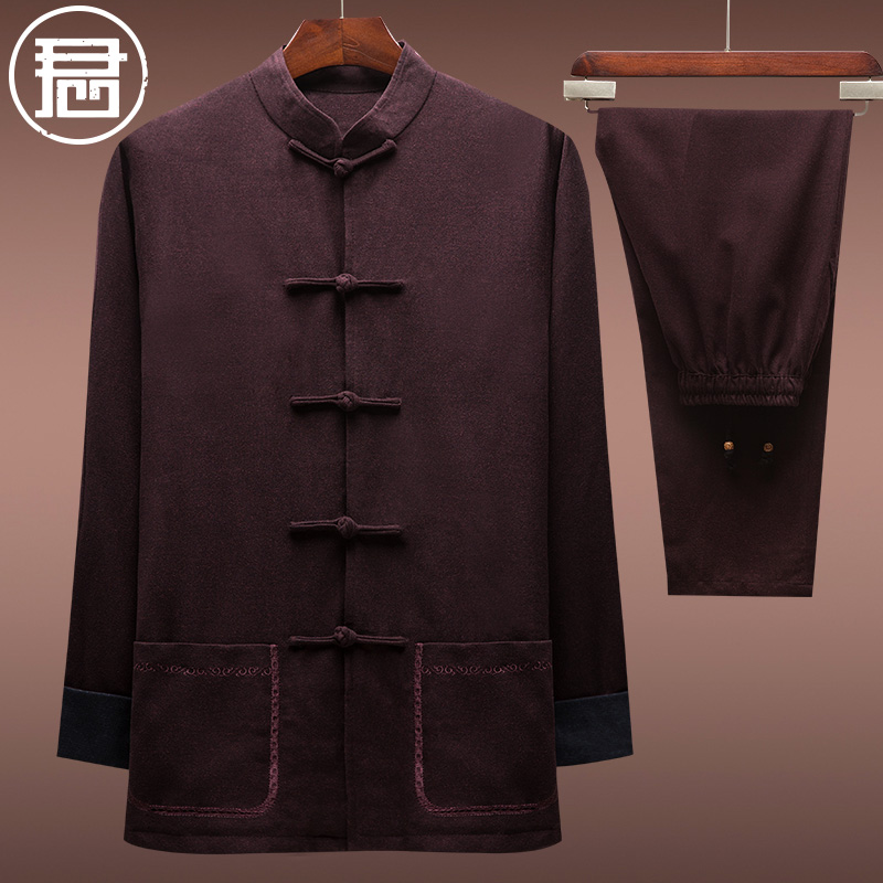 唐装男春秋长袖套装中老年人爸爸禅意古风男装茶服居士服爷爷衣服