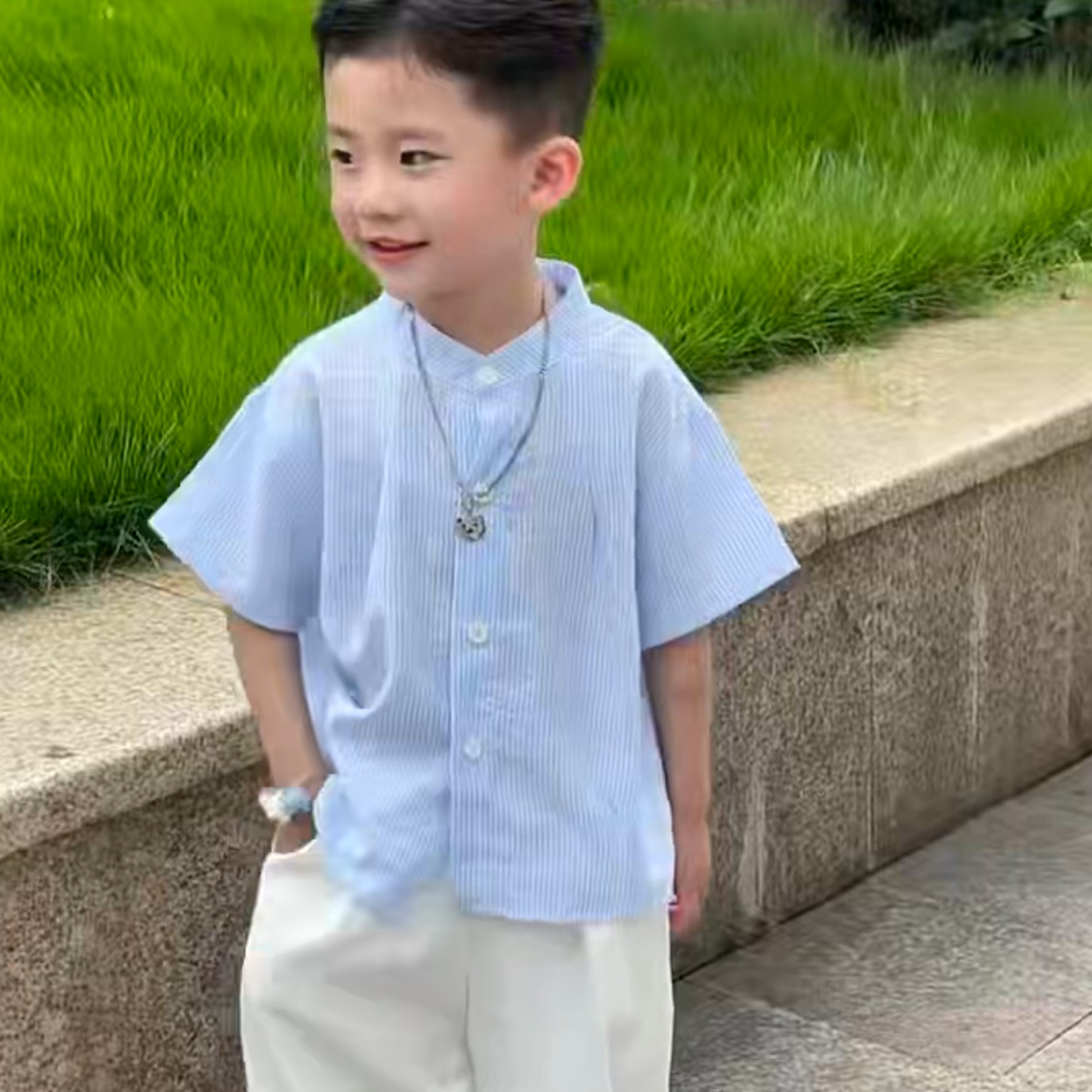 儿童夏款衬衫简约条纹男女童短袖长裤小清新衬衫套装
