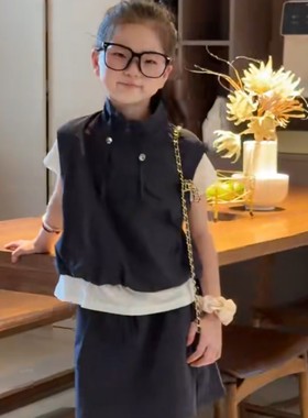 女童2026年夏季新款韩版假两件工装马甲短裙套装学生休闲立领上衣
