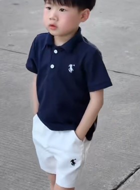 童装男童夏装纯色翻领短袖套装夏季新款宝宝帅气绣花POLO衫两件套