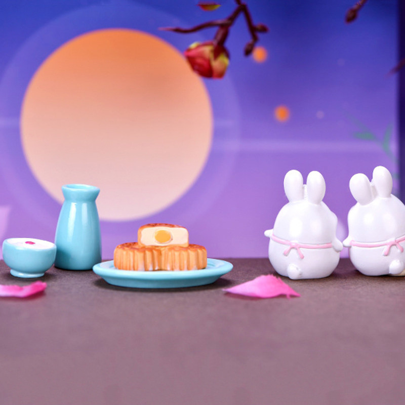 中秋节主题小兔子公仔月饼荷花蓝瓶杯模型鱼缸水族多肉盆栽微景观