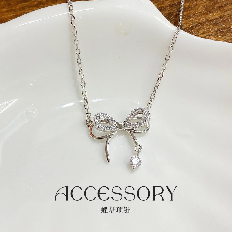 S925银蝴蝶结锁骨链轻奢刻字