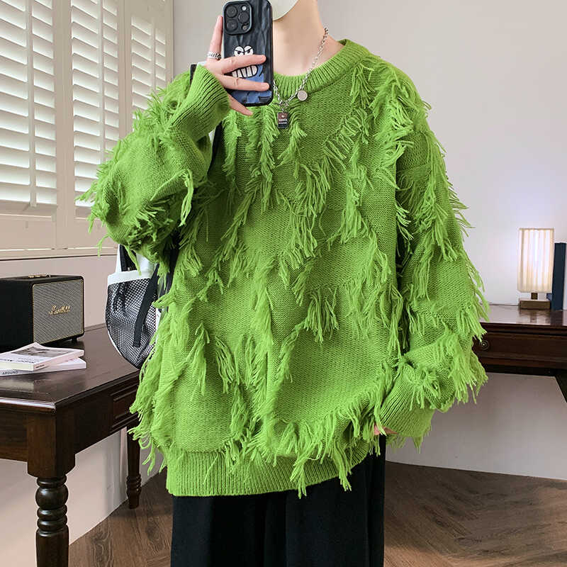 美式慵懒风简约破洞流苏针织衫