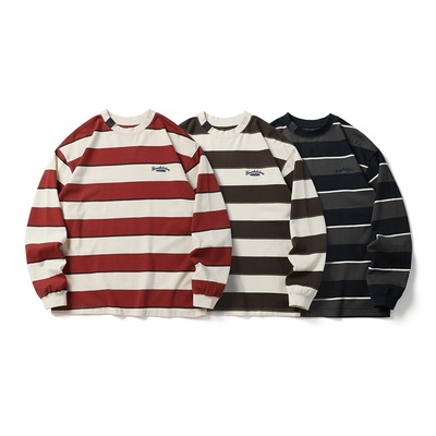 粗条纹小刺绣350G重磅长袖T恤男宽松落肩袖圆领上衣秋季纯棉长袖t