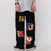 男女潮牌嘻哈街舞宽松直筒阔腿休闲裤 美式 街头字母植绒刺绣牛仔裤