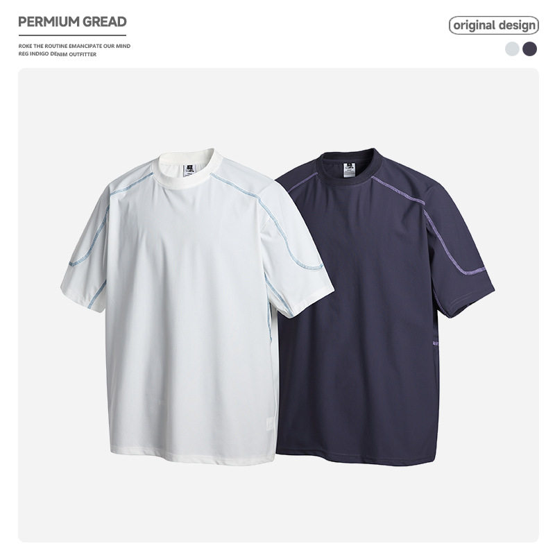 日系户外运动五线撞色短袖T恤圆领宽松速干t骑行服情侣休闲体恤衫