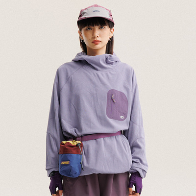 日系潮牌运动宽松长袖T恤 户外轻量化米粒绒训练套头连帽内搭长T