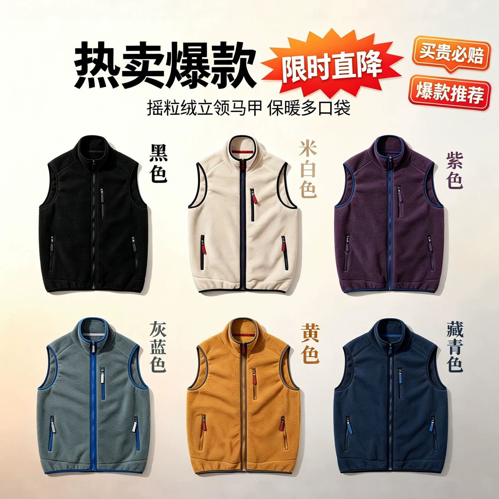 日系户外经典春秋季新款六色齐发情侣款纯色复古保暖抓绒羊毛马甲