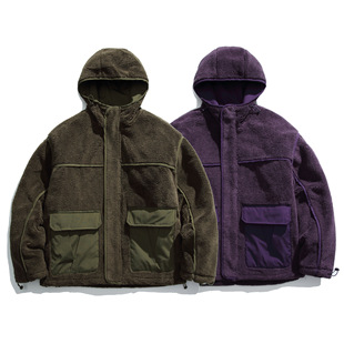 日系复古25冬季新款拼接口袋设计摇粒绒棉衣男女连帽宽松保暖外套