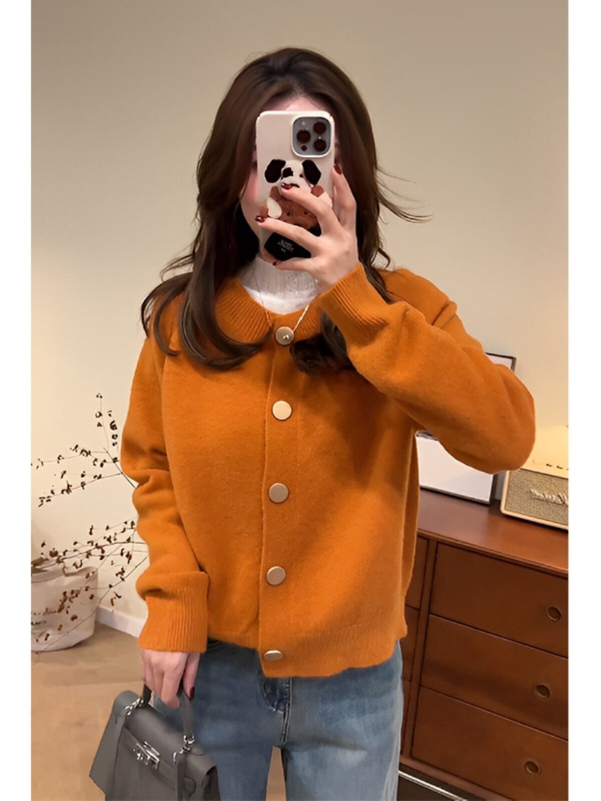 法式小众长袖针织开衫女款秋季新款今年流行的短款橘黄色毛衣