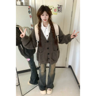 韩式慵懒风V领针织开衫女宽松毛衣外套学院风长袖上衣oversize