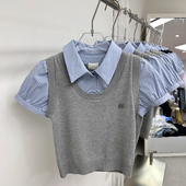 衬衫 假两件拼接短袖 女上衣 小众设计学院风高腰短款 新款