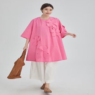 衬衫 紫布语2026夏季 女圆领短袖 通勤文艺大码 连衣裙女366 新款