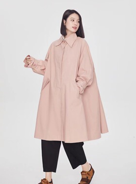 翠色嘉人2026春季新款翻领宽松大码纯棉休闲通勤女风衣外套80052