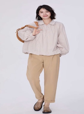 翠色嘉人2026春季新款文艺小众格子纯棉衬衫女宽松休闲上衣85021