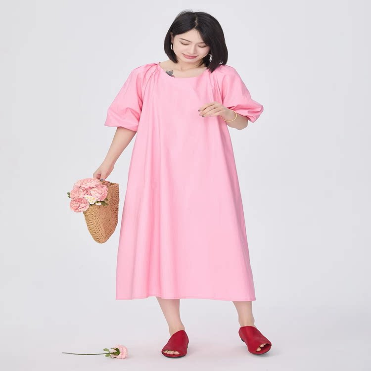 紫布语2026夏季新款森女文艺休闲大码圆领灯笼袖法式连衣裙女671