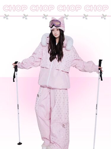 将军山雪服租赁，CHOPCHOP【粉色亮片满天星】银标加绒套装大码女