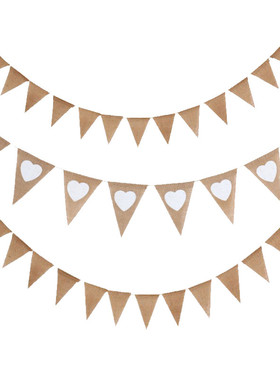 森系复古白色爱心黄麻布三角旗拉花宝宝周岁生日布置婚礼派对装饰