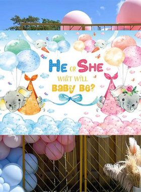 BabyShower男孩女孩小象性别揭示背景布气球海报迎婴派对装饰挂旗