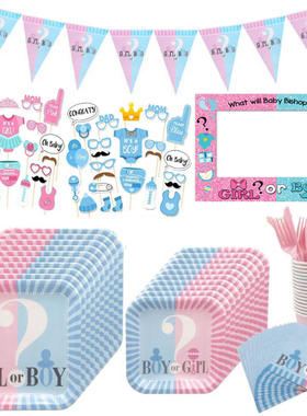 gender reveal性别揭示派对宝宝一次性餐具甜品台装饰Girl or Boy