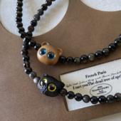 原创 守护猫猫天然银耀石金曜石双圈不夹毛手串情侣手链