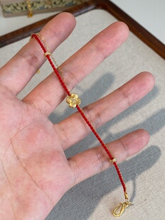 原创手工新年红绳s925银四叶草手链银镀金红绳手链