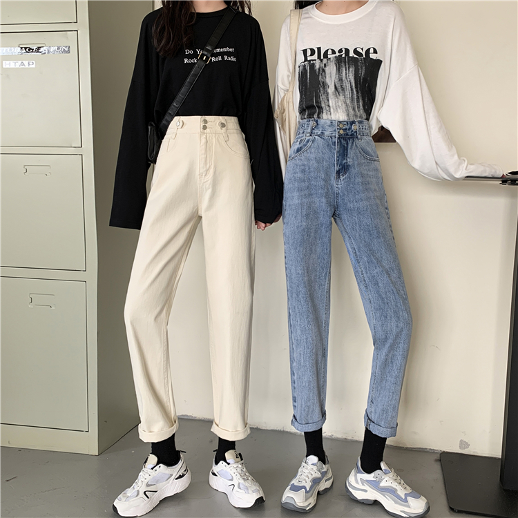 Real shot real price Korean versatile straight tube high waist slim loose spring and autumn jeans daddy pants