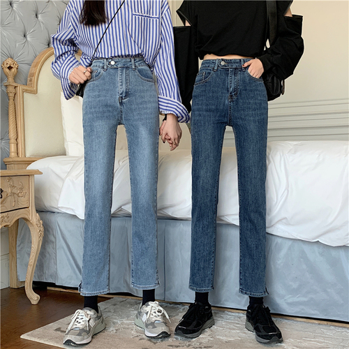 Real price # loose straight tube retro split pipe pants cowboy women