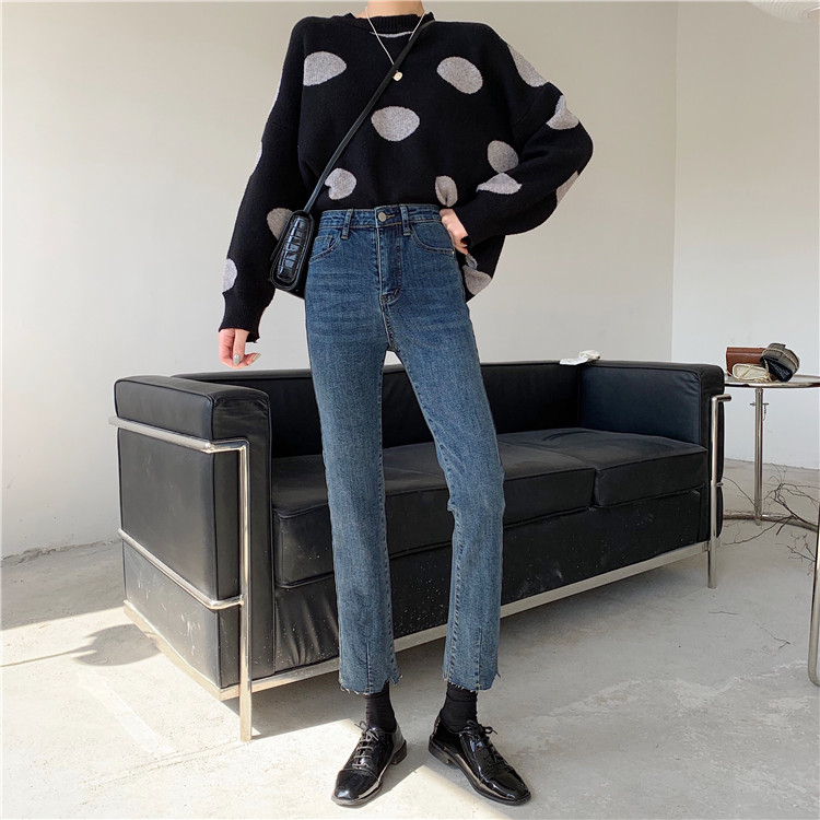 Real shot real price control Korean washed and worn out Blue Plush Fleece denim high waisted skinny torn hem Capris