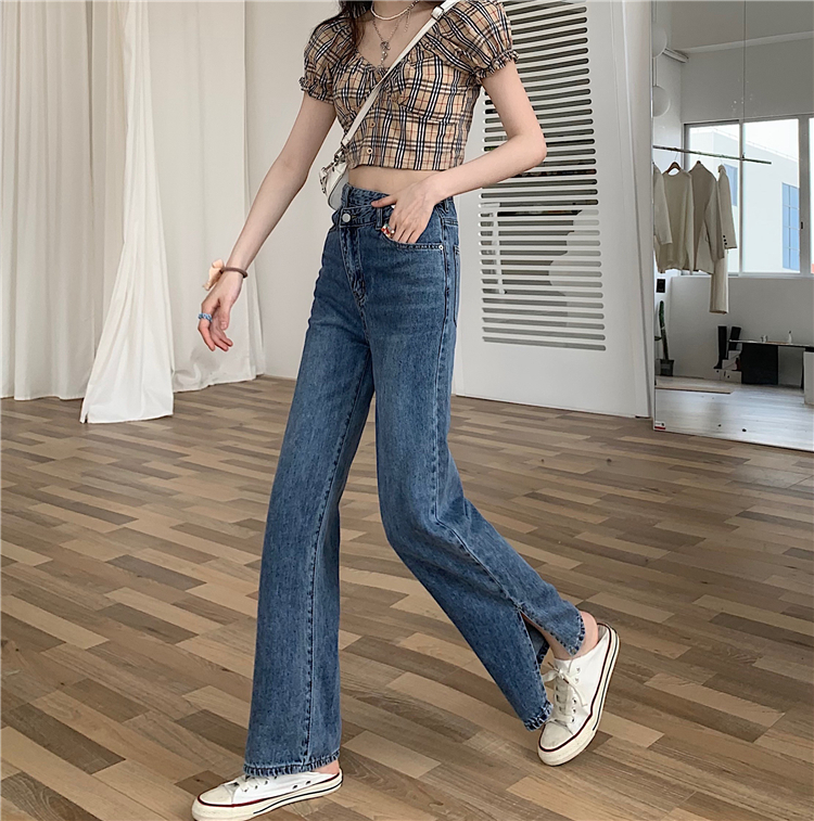 Real price in spring irregular high waist split straight tube loose floor dragging Wide Leg Jeans Pants