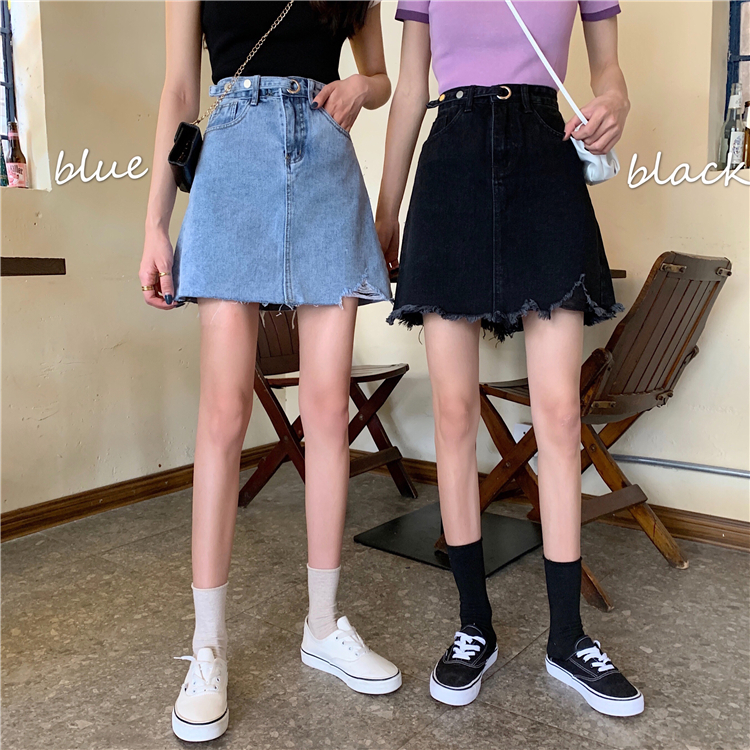 Real photo real price ~ ා design sense Korean version high waist A-line denim skirt shows thin holes tear edge wrap hip skirt summer