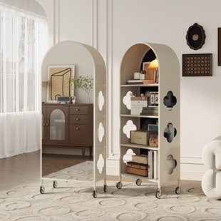 法式 奶油风ins可移动全身镜书柜一体家用女生卧室落地试衣穿衣镜