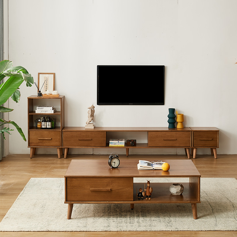 橡木色全实木电视柜茶几组合小户型电视柜现代简约客厅2021年新款