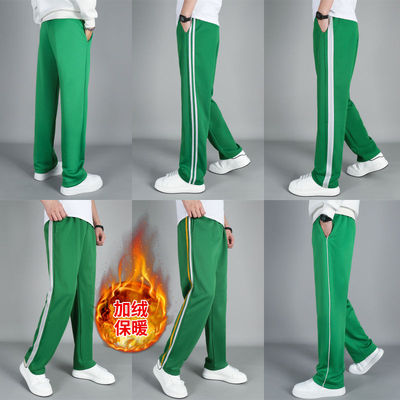 草绿色冬季加绒加厚校服裤子小学初高中男女通用直筒运动裤内白绒