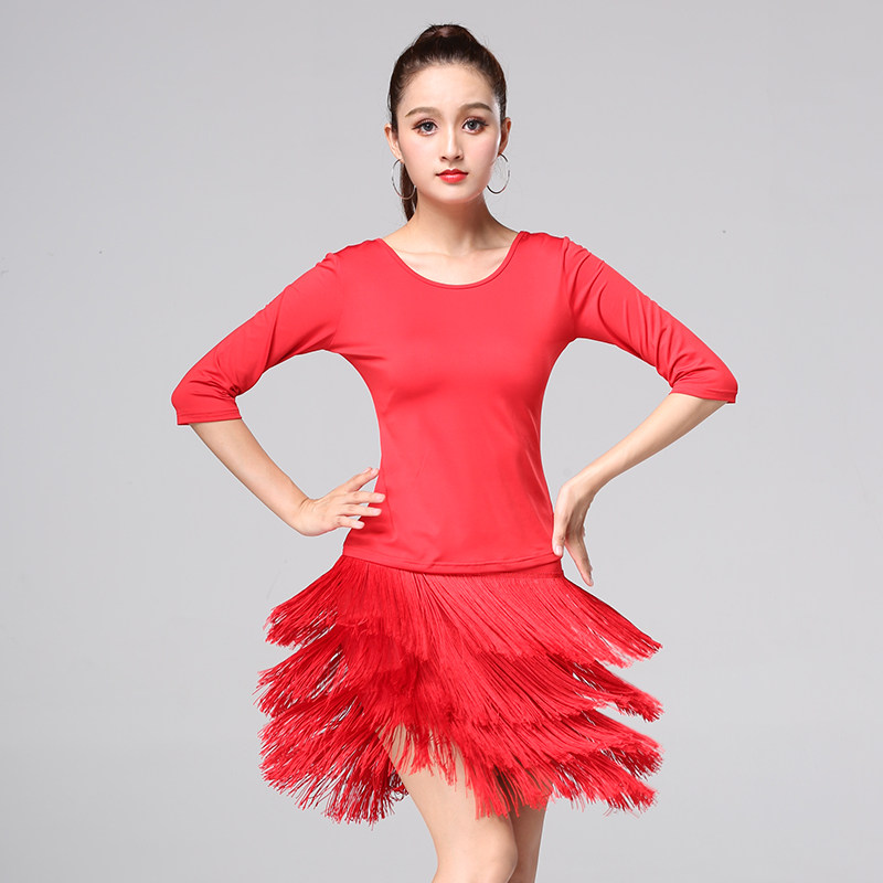拉丁舞服装女成人流苏裙套装中袖演出服夏舞蹈练功服舞裙新款舞衣