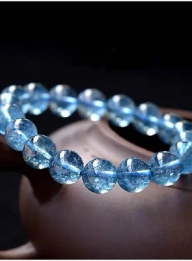 新品海蓝宝天然爆花水晶手串半宝石手链蓝色佛珠情侣转运蓝色晶饰