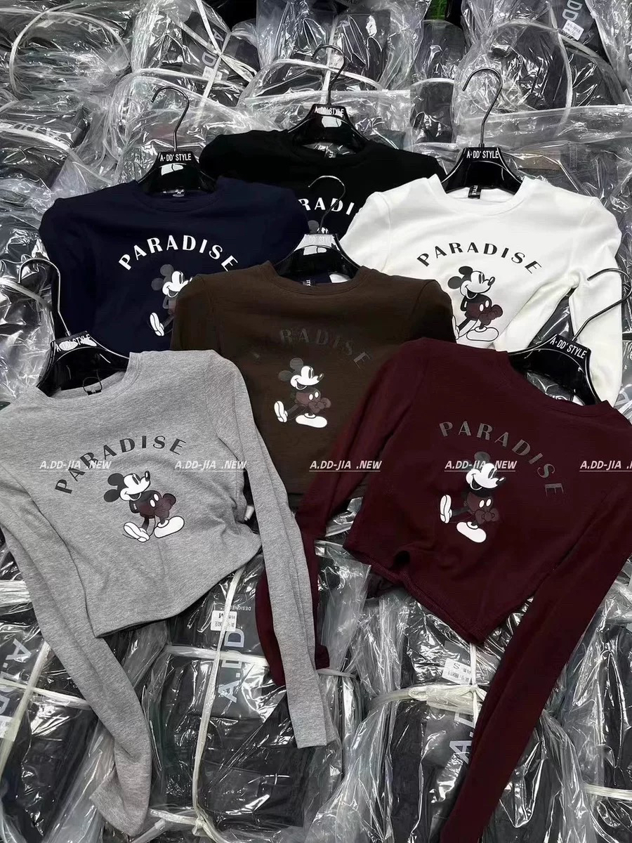 ADD韩版秋季新款紧身显瘦卡通米奇印花设计感长袖T恤内搭打底衫女