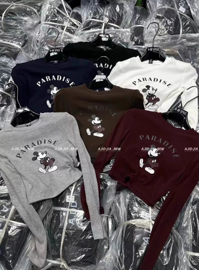 ADD韩版秋季新款紧身显瘦卡通米奇印花设计感长袖T恤内搭打底衫女