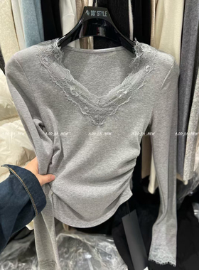 ADD2025秋冬新款纯欲显瘦掐腰设计感蕾丝v领磨毛T恤打底衫上衣