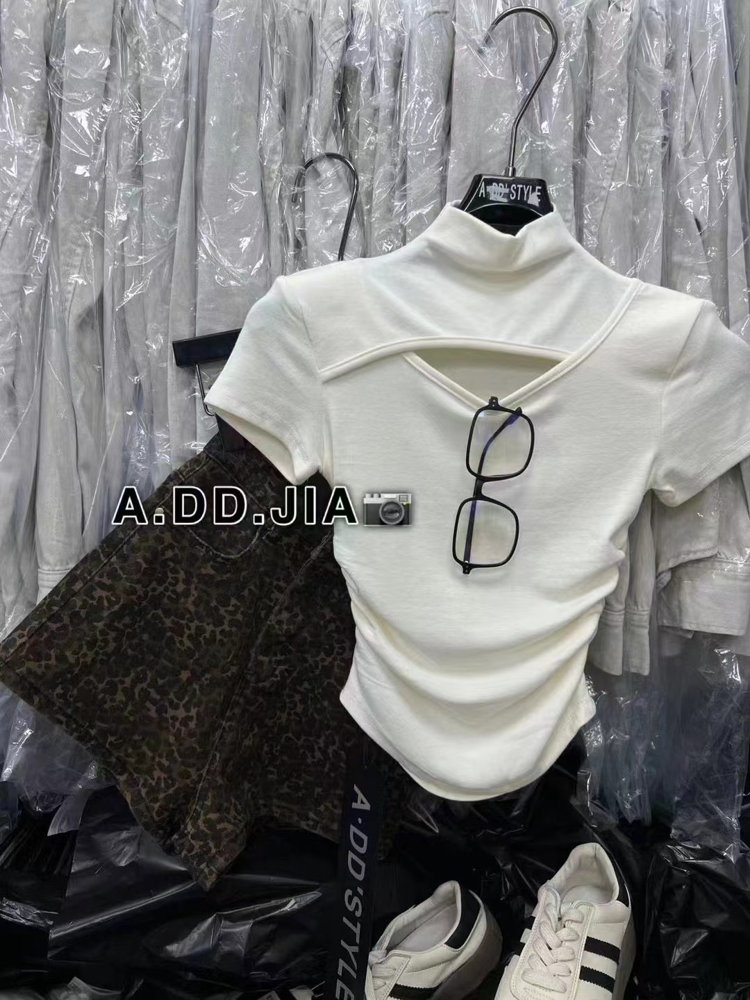 ADD韩国东大门2025夏季镂空正肩短袖t恤半高领百搭修身上衣打底衫